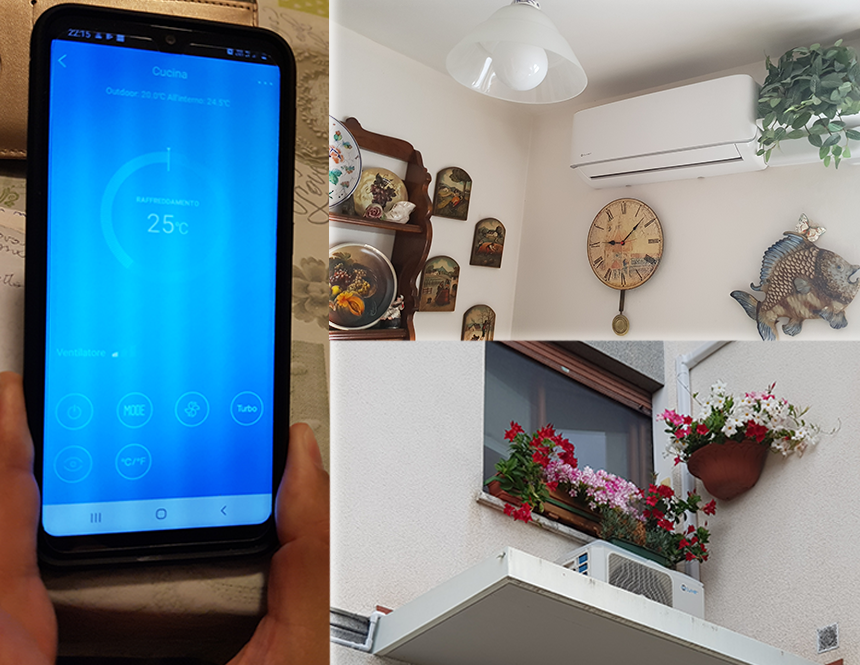 Telefon mit App zur Systemsteuerung, Fotos der installierten Innen- und Außengeräte